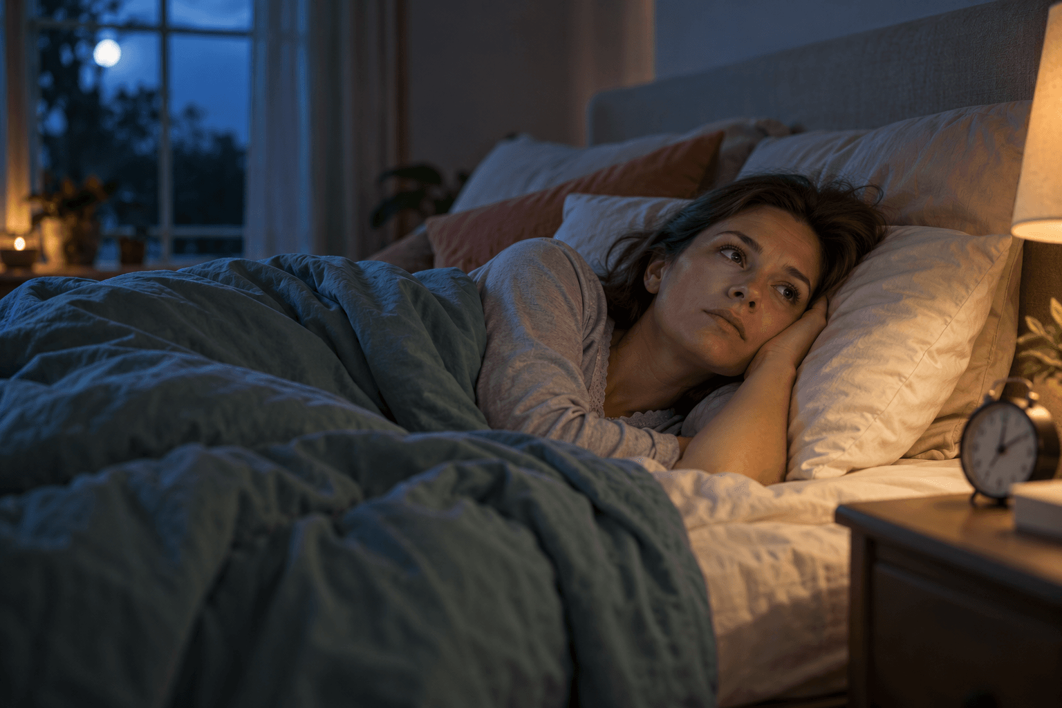 Femme éveillée dans son lit la nuit, illustrant les difficultés d’endormissement et les troubles du sommeil.