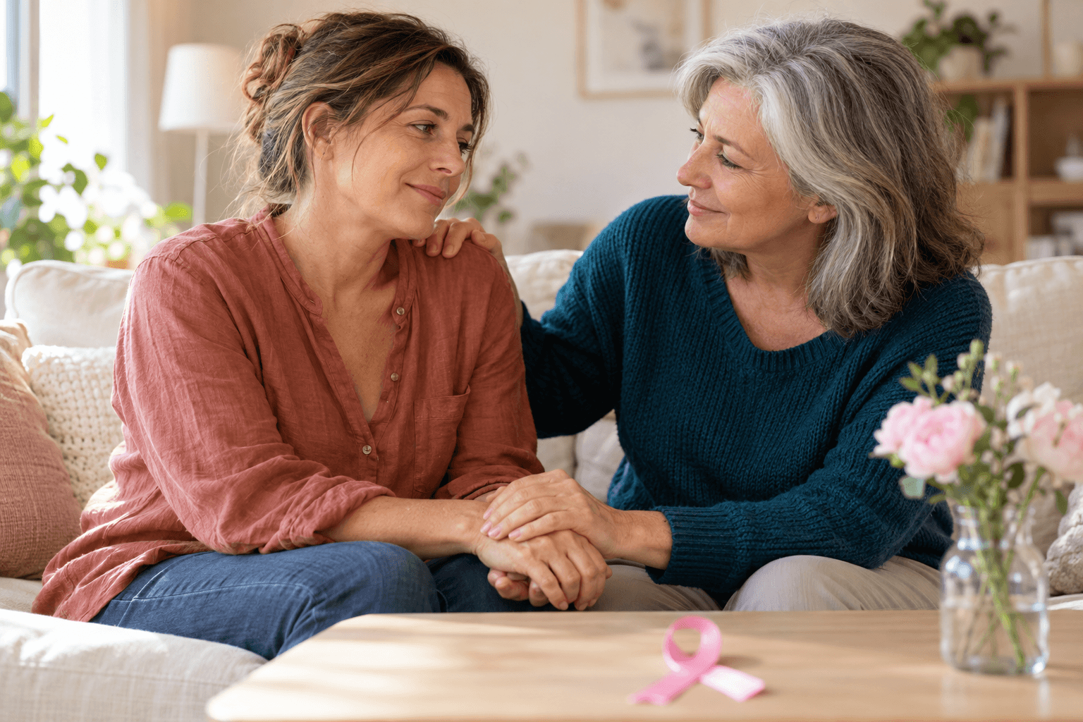 Deux femmes assises sur un canapé se tiennent la main dans un geste de soutien, avec un ruban d’Octobre Rose posé sur la table