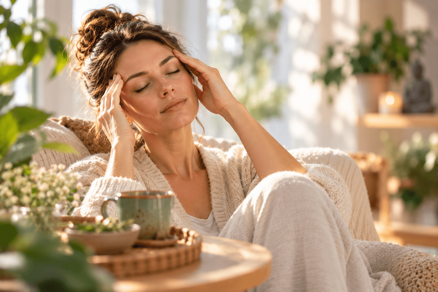 Femme aux yeux fermés, massant doucement ses tempes pour apaiser un mal de tête, dans une ambiance lumineuse et relaxante, évoquant la détente et le bien-être.